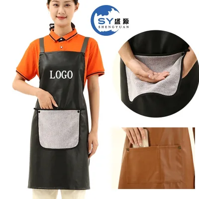 Wholesale Custom Logo Waterproof Soft Oil-Proof PU Cooking Apron Kitchen Household Leather Workwear Bib BBQ Apron Adjustable Tie