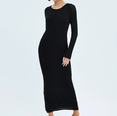 Hot Sale Black Crochet Maxi Knit Dress Women's Knitwear Dresses Long Sleeves Maxi Dress