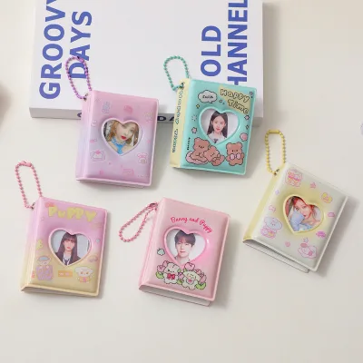Kpop Photo Album Cute Cartoon 2-inch Mini Photo Album Girly Heart Hollow Photo Sticker Keychain Pendant Card Album