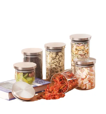 Stainless Steel Cover Food Grade Kitchen Helper Glass Storage Jars Glass Tanks for Food Honey Spice Condiment Cereal Custom Logo