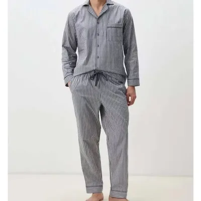 New 100% Cotton Knitted Men's Pajamas Set V-Neck Long Sleeve T-Shirt Top Loose Trousers Striped Thermal Breathable Elegant Noble