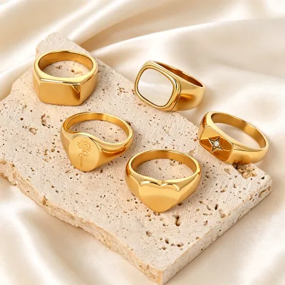 Forever Season Gold Plated Geometric Heart Ring Custom Stainless Steel Chunky Signet Ring Women Fashion Jewelry Rings