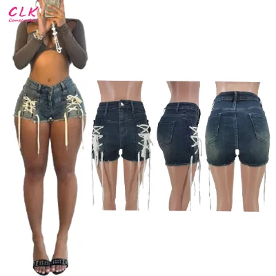 Custom Bandage Elasticity Denim Shorts Women High Waisted Button Lace up Jean Fashion Matching Cowboy Bottoms for Women