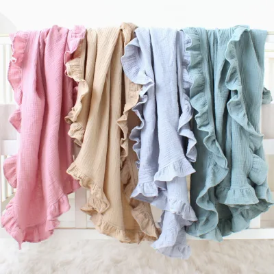 Newborn Muslin Wrap Gauze Solid Soft Cotton Blankets Ruffle Tassels Bedding Baby Swaddle Blanket