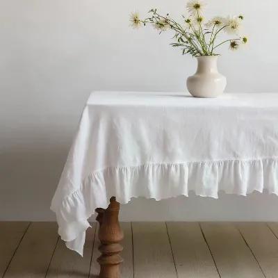 Custom 100% Linen Tablecloth with RUFFLES PREWASHED White Natural French Table Cloth Rustic Do Any Sizes Country Style