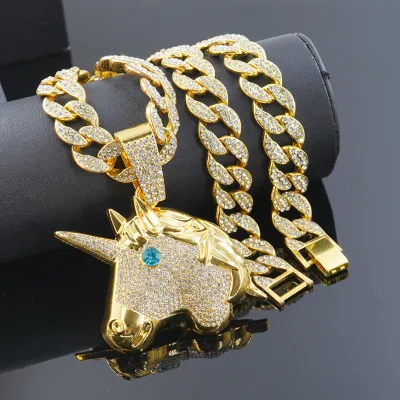 Real Gold Plated Full Micro Pave Unicorn Pendant Necklace Hip Hop Animal Jewelry Link Chain Men Women Trend Brand