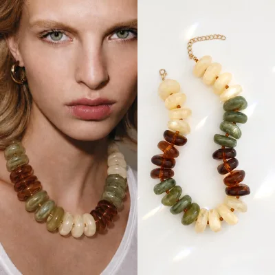 New Boho Fall Earthy Tone Beaded Choker 20mm Marbled Rondelle Acrylic Color Block Beads Adjustable Women Necklace Jewelry