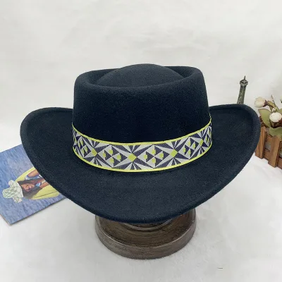 Ethnic Style Classic Wool Felt Western Peaked Top Derby Cowboy Hat for Women Men