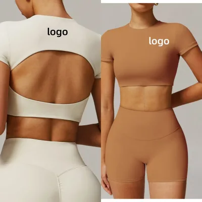 Wholesale Custom Open Back Women Gym Cropped Short Sleeves Scoop Neck Backless Sexy Ladies Workout Athletic Quick Dry T-shirts