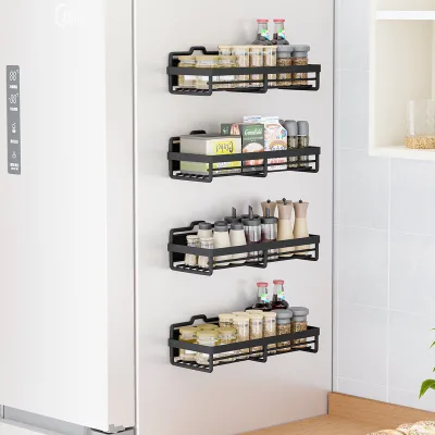 Metal Magnetic Absorbing Storage Rack for Refrigerator Entry Door Kitchen Magnet Seasonings Box Hole-Free Hanging Side