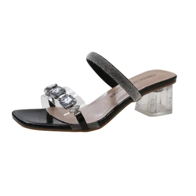 Summer New High Heel Sandals for Plus Size Women Korean Style Slide-off Rhinestone for Slippers Fashion Thick Heel Mesh Shoes