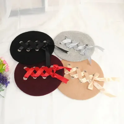 Wholesale High Quality Beret Custom Embroidery Knitted Embroidery Women's Beret With Ribbon Bow