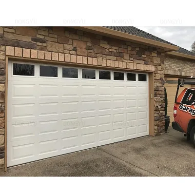 Contemporary Modern Accents Wooden Grain Steel Garage Door With Black Window Frames and Tinted Glass for House