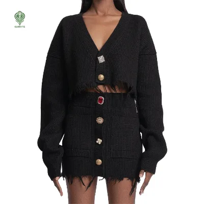 Wholesale Custom Oversize Buttons Crop Top Sweater and Short Skirt Set for Ladies 2 Piece Polyester Knit Women's Sweater Set