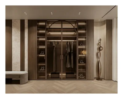 Italian Light Luxury Modern MDF Wood Veneer Walk-in Closet System Marble Inlay Wall Full Glass Display Storage Cabinet Wardrobe