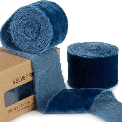 4 cm Luxurious Torn Gift Customized Blue Christmas Ribbon Velvet Frayed Ribbon for Wreaths