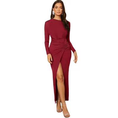 Aschulman 2023 Alibaba Evening Women's Elegant Long Sleeve Ruched Wrap Hem Party Long Maxi Dress Elegant