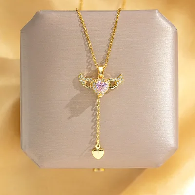 Elegant New Stainless Steel Zircon Angel Wings Pendant Heart Necklace for Women Gift