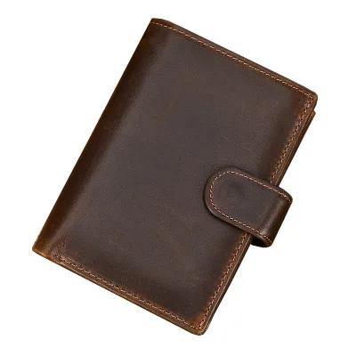 Vintage Genuine Crazy Horse Leather Anti-Theft RFID Blocking Long Tri-Fold Button Closure 13.5x10x2cm Compact Design 12+ Card