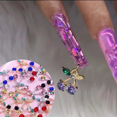 2022 Mixed Cherry Loops Glitter Nail Art Rhinestones Jewelry Rings for Tips Acrylic Gel Decoration Dangle 3d Nail Piercing Charm
