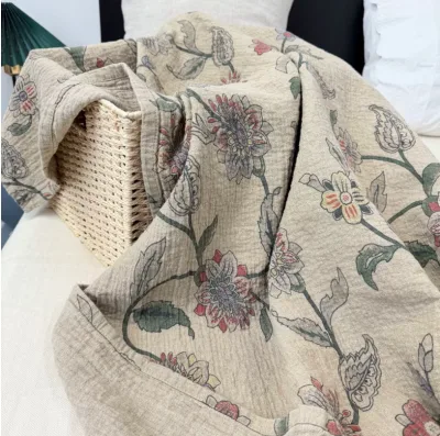 Vintage Floral Hemp Bedspread Printed Breathable Antibacterial Sheet for Sofa and Bed