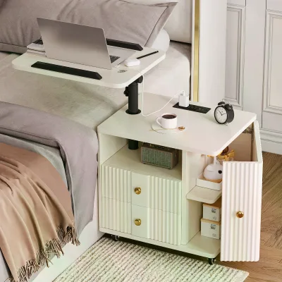 Modern Luxury Fluted Solid Wood Nightstand with 2 Drawers and Lift-Up Table Charging Station for Apartment