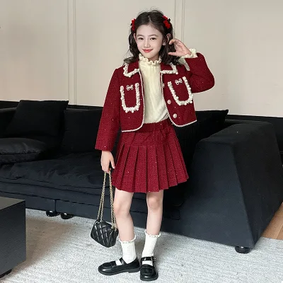 Linda Girls' cotton padded small fragrance style set, winter new year's clothing, two-piece skirt set