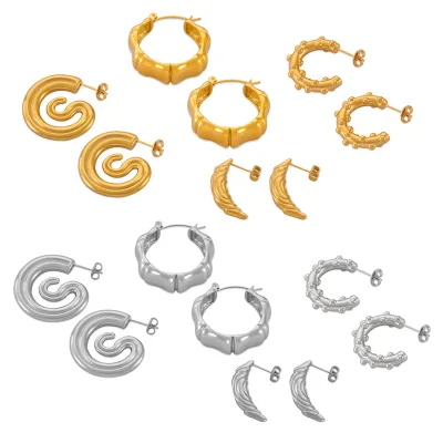 Multi Style Geometric Carved Stainless Steel 18K Gold Plated Spiral Bamboo Textured C Shape Earrings for Women Party Daily Wear