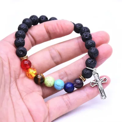 hot sell Lava Stone Beaded Lucky Bracelet 7 Chakra Healing Bracelet Cross Bracelet