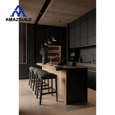 AMAZBUILD Luxury Walnut Wood Color Wooden Modular Cabinet Dining Wall Storage Kitchen Cabinet with Quartz Stone Countertop
