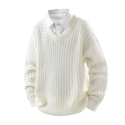 Men's Fake Two Piece Cable Knit Sweater V-Neck Long Sleeve Loose Casual Warm Pullover for Autumn Winter