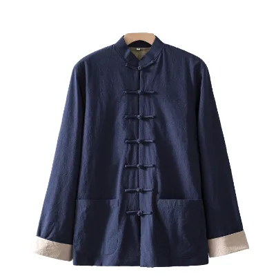 Men's Comfy Loose Long Sleeve Button up Kung Fu Shirt Pockets Chinese Martial Arts Traditional Tang Suit Tai Chi Clothing