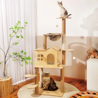 Modern Eco-Friendly Wooden House Tower Scratcher Big Climbing Cats Tree