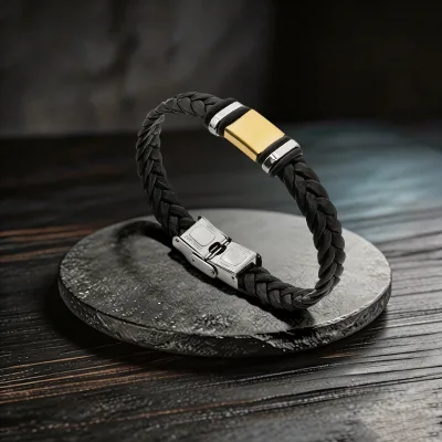Customizable Factory-direct Mens Fashion Bracelet Polished Iron Electroplated Engraved Lettering Black Braided Leather Cord