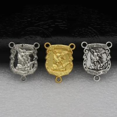 Saint Michael 3-Hole Medal Connector, Shield Shape Catholic Archangel Charm for Rosary Making, Protect Us Pendant