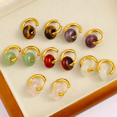 Hot Sale Multicolor Natural Stone Stainless Steel Circle Ear Buckle Elegant Tiny Huggie Hoop Earrings for Women Daily