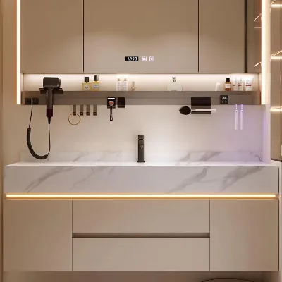 Modern Bathroom Vanity with Ambient Integrated LED Lighting Luxury Sintered Stone Top Sink