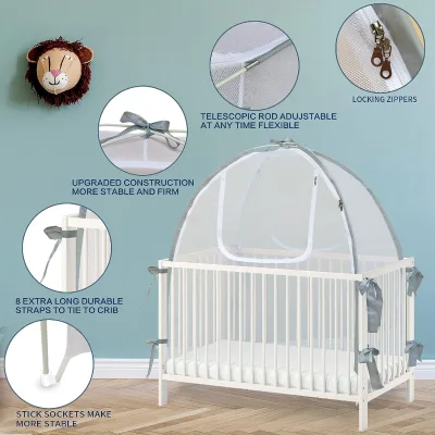 Baby Crib Tent Safety Net Durable Strong Self-Locking Zipper Protect From Climbing Out and Insects Mosquitoes Installs with Rods