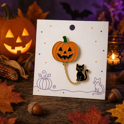 Halloween Jack O Lantern Soft Enamel Pin Black Cat Gold Chain Pumpkin Brooch Wholesale Custom Metal Pin Badge