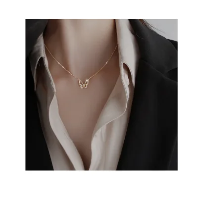 Women's Fashion Simple Hollow Crystal Butterfly Necklace with Classical Clavicle Chain Pendant Featuring Zircon As Main Stone