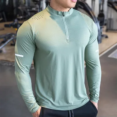 Custom Quick Dry Gym 1/4 Quarter Zip Pullover Shirt Tshirts Golf Shirts Sportswear Long Sleeves Men's Jogging Shirts For Men