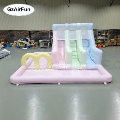 GZAIRFUN Macaron Pastel Color PVC Dry/Wet Dual-Use 3-Lane Inflatable Water Slide with Ball Pit Easy Setup for Kids Parties