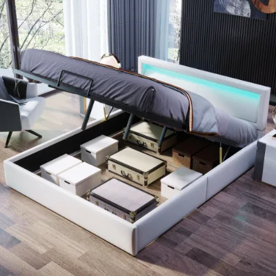 Space - Saving & Ambiance - Creating Hydraulic Lift - Up Storage Bed With LED Headboard - RGB Color - Changing Lights