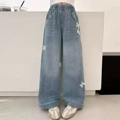 Summer New Arrival Girls Denim Jeans for Ultra-thin Loose Breathable Wide-leg Style Rhinestone Bow Embellishments;