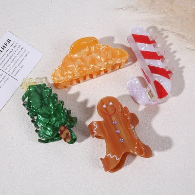 Christmas Series Large Size Cellulose Acetate Hair Claw Clips Christmas Tree Cane Gingerbread Man Acetate Hair Clips Claw