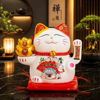 Big 8 Inch Ceramic Fortune Cat with Battery Waving Hand Golden Yuanbao for Business Gift Home Decor Japanese Style