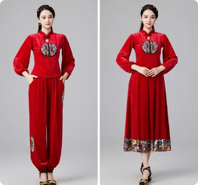 Korean Velvet Dance Costume Set Long Sleeve Large Swing Dress for Square Dance Yangko Folk Classical Dance Performance