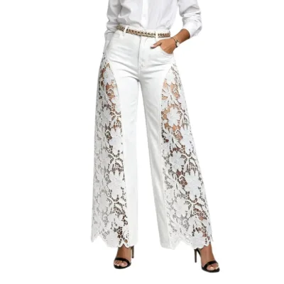Fashionable High Waisted Wide Leg Jeans for Women, See Through Lace Side Panel Striped Jeans, Retro Loose Denim Pants