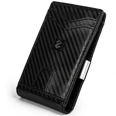Professional New Design Unique Genuine Leather Front Pocket Wallet Minimalist RFID Blocking Slim Men's Wallet Carbon Money Clip