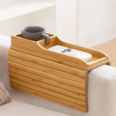 Vintage Anti-Slip Foldable Sofa Armrest with Breakfast Fruit Tray Bamboo Couch Cup Holder